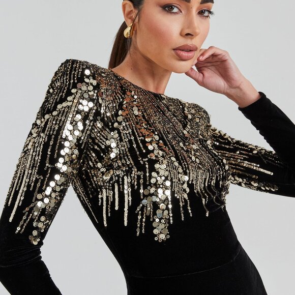 Nadine Merabi Katarina Sequin Long Sleeve Velvet Jumpsuit Size 6 - Picture 5 of 7